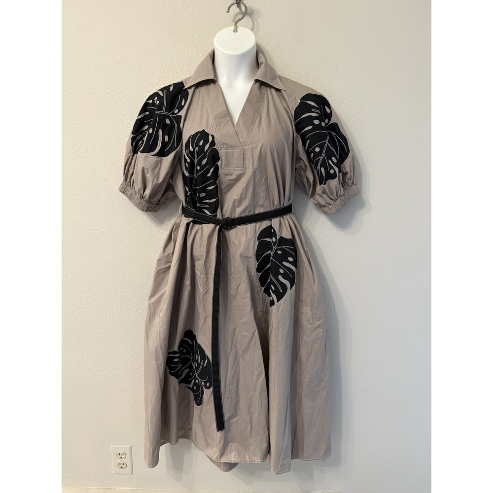Lovebirds Dress size M oversize leaf applique pockets midi belted teacher artsy